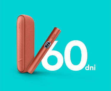 Podgrzewacz tytoniu IQOS ILUMA i w czerownym odcieniu sotjący przy liczbie 60, na turkusowym tle