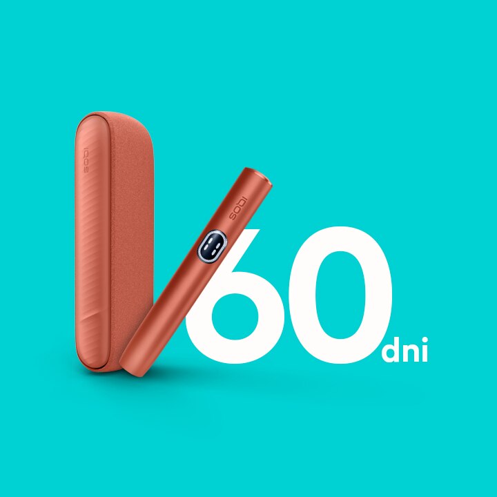 Podgrzewacz tytoniu IQOS ILUMA i w czerownym odcieniu sotjący przy liczbie 60, na turkusowym tle