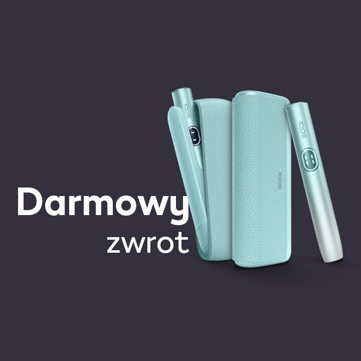 Podgrzewacze tytoniu IQOS ILUMA i PRIME oraz IQOS ILUMA i stojace obok siebie, przy napisie Darmowy zwrot, na ciemnym tle